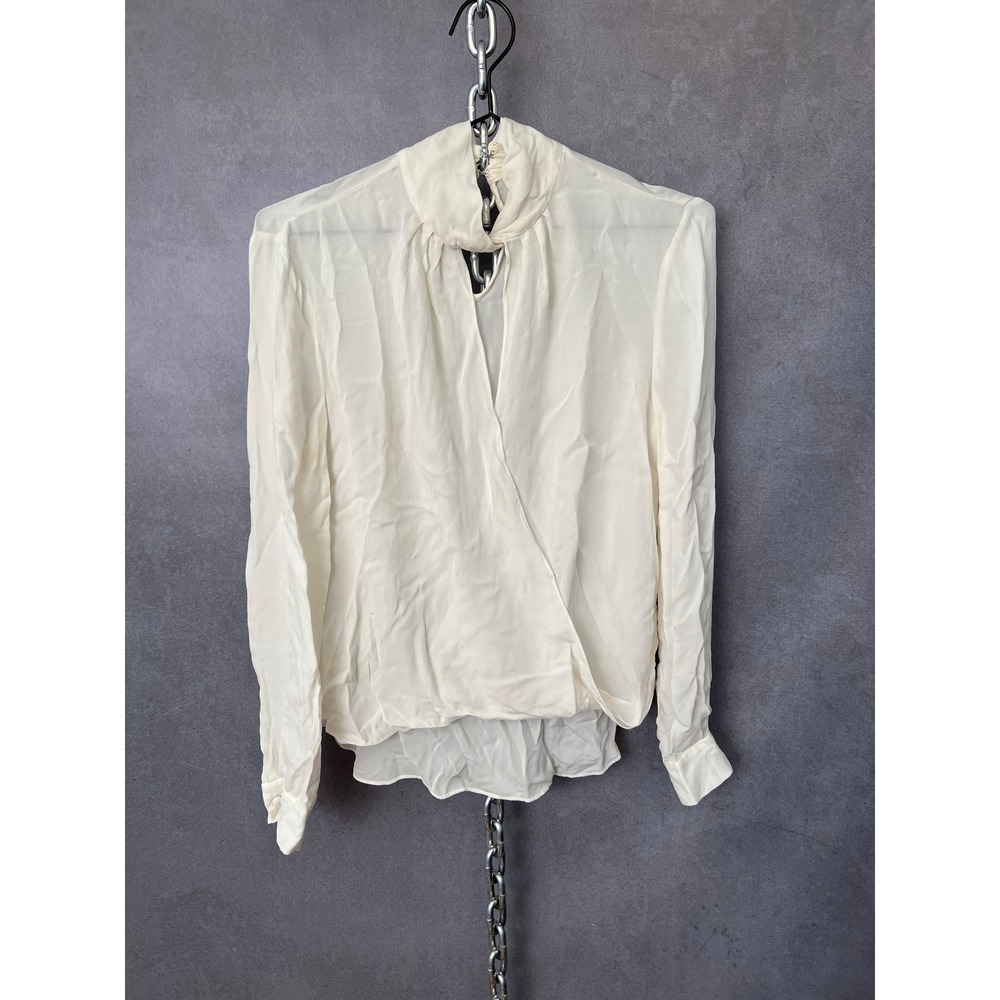 L'AGENCE Kendra Knot Collar Silk Blouse Mock Neck‎ Long Sleeve Ivory Keyhole XS